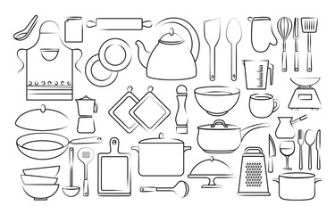 Kitchen tools set. Hand draw kitchen utensils icon collection with knife, pans, cup, teapot, grater, rolling pin, cutting board, cutlery. Cooking and kitchenware food. Household in flat cartoon style