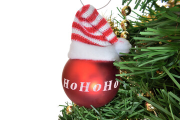 christmas red bauble ho ho ho on christmas tree