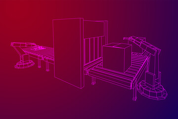 Robotic arm manufacture technology industry assembly mechanic hand. Regular roller conveyor with circuit boards and packed boxes. Wireframe low poly mesh vector illustration