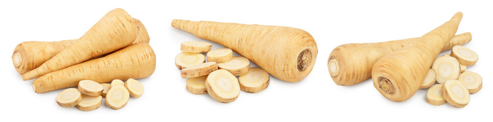 Parsnip root and slices with parsley isolated on white background closeup, Set or collection