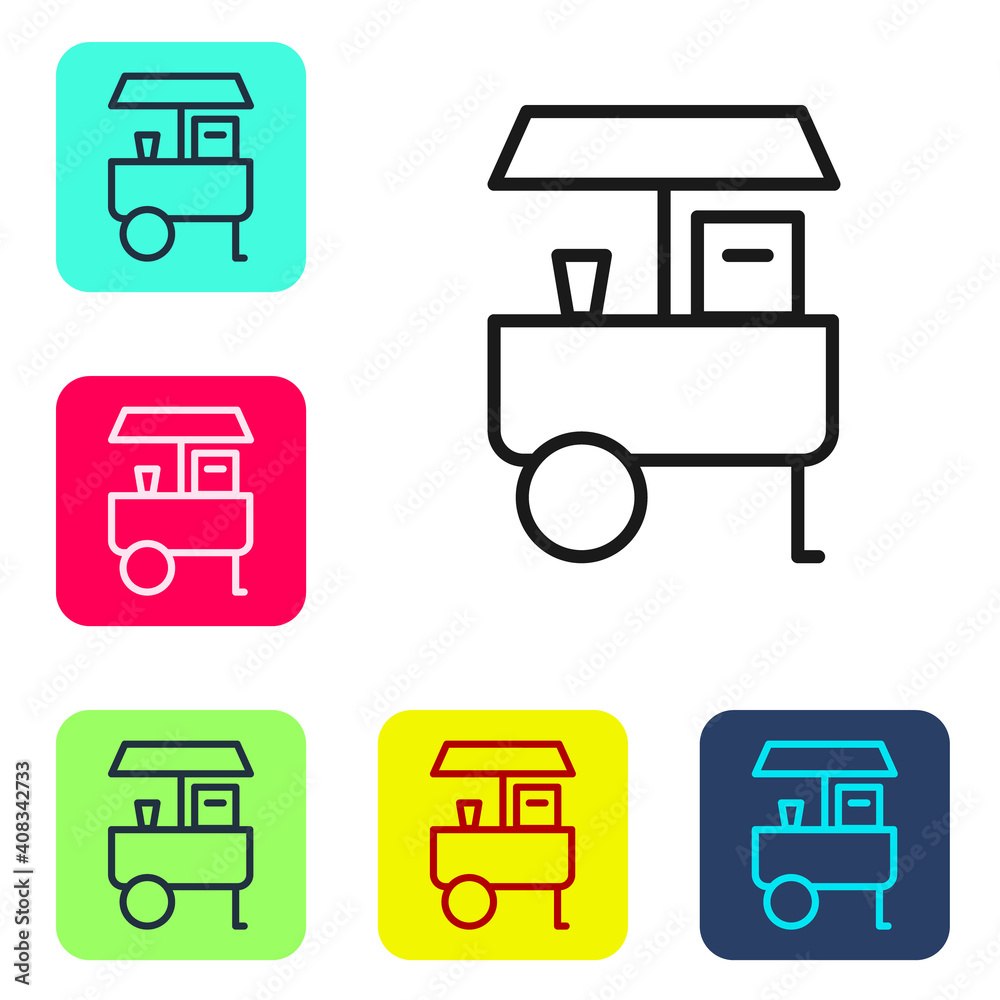 Sticker Black line Fast street food cart icon isolated on white background. Urban kiosk. Set icons in color square buttons. Vector.