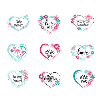 Fototapeta Collection romantic phrases in a flower frame. Handwritten inscriptions with a brush. Flower heart wreath for wedding invitation or holidays postcard.