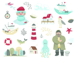Set of marine elements - sailor, ship, lighthouse, octopus, fish, forest, seagull, house, wave, anchor, compach, lifebuoy, shell, seaweed, starfish. Marine and coastal life. Flat vector illustration 