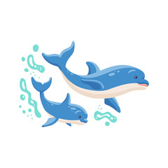 Dolphin mother and her baby swimming in water flat vector illustration isolated.