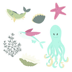 Fototapeta premium Set of marine elements - octopus, fish, shell, seaweed, starfish. Flat vector cartoon illustration 