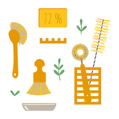 A set of accessories for washing dishes for a zero waste lifestyle. Vector illustration in a flat style.