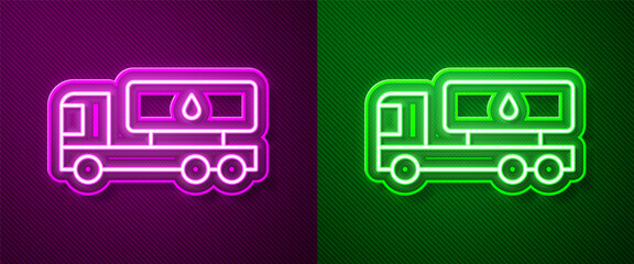 Glowing neon line Tanker truck icon isolated on purple and green background. Petroleum tanker, petrol truck, cistern, oil trailer. Vector.