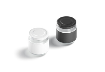 Blank small glass jar with black and white label mockup