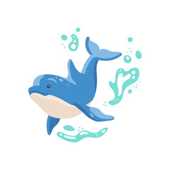 Blue cartoon dolphin swims in water depth a vector illustration