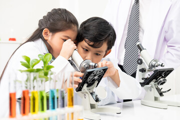 Young Asian kids wearing white scientist gown and do chemical test tube while study, learning in...