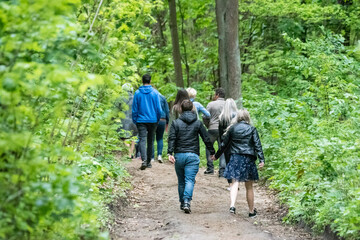 Naklejka na ściany i meble Pomiechówek, Poland - May 24, 2020: Spring in the forest. People walking in the park. A trip through the woods among lush green trees.