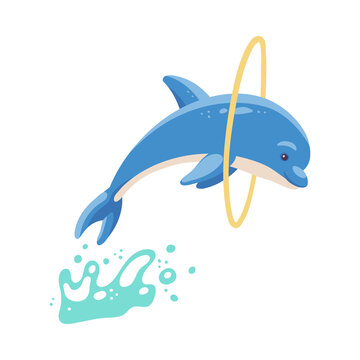 Cartoon blue dolphin jumps through the ring a vector isolated illustration