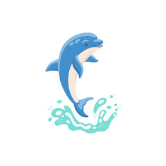 Cute blue cartoon dolphin jumps out of the water a vector isolated illustration.