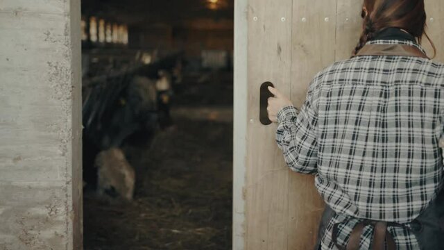 Female farmer opening the gate of a cowshed in slow motion