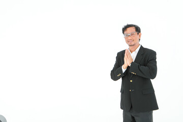 Fototapeta premium portrait Asian business man wearing formal suit standing white background copy space