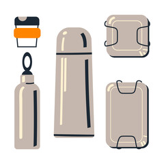 A set of reusable containers for a walking for a zero waste lifestyle. Vector illustration in a flat style.
