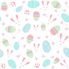 Pastel seamless pattern with rabbits, paws and eggs. Repetitive Easter background with bunnies for kids and babies. Christian and religious traditional concept for spring Holidays.