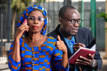 businesswoman talking on mobile phone, her assistant taking note