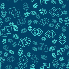 Green line Game dice icon isolated seamless pattern on blue background. Casino gambling. Vector.