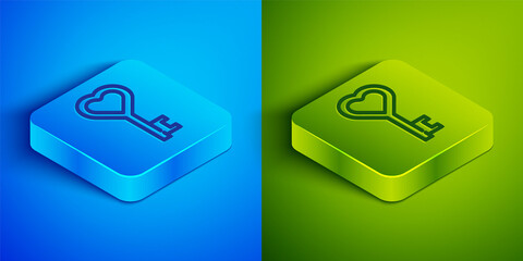 Isometric line Key in heart shape icon isolated on blue and green background. Valentines day symbol. Square button. Vector.