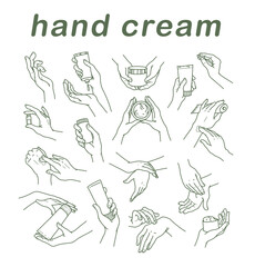 Collection of human hands with hand cream and moisturizer tube in different gestures and posses isolated on white background. Vector hand drawn line art illustration. For banners, ads, emblems, tags.