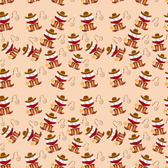 Seamless pattern tooth fairy cowboy. Cartoon vector illustration. Character in a cowboy hat and cowboy boots holds a whip with a tooth and a sparkling coin.