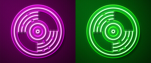 Glowing neon line Vinyl disk icon isolated on purple and green background. Vector.