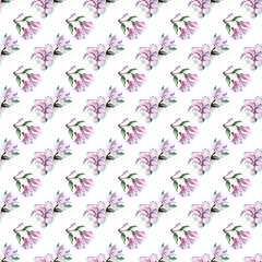 Watercolor illustration with pink magnolias and leaves. Seamless pattern for textiles and wrapping paper. Spring flowers