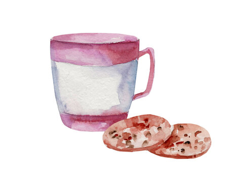 Watercolor illustration of a mug with tea and cookies with chocolate chips on a white background
