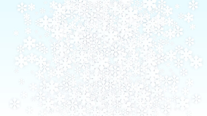 Christmas Vector Background with Falling Snowflakes. Isolated on Red Background. Realistic Snow Sparkle Pattern. Snowfall Overlay Print. Winter Sky. Papercut Snowflakes.