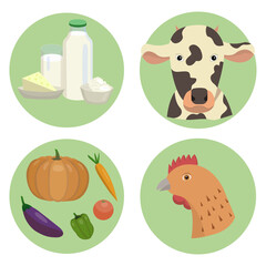 A set of farm products and animals.  Suitable as icons for a website or packing of products