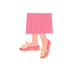 Female legs in cozy slippers with a bunny face flat vector illustration isolated.