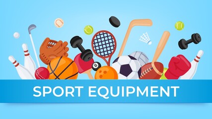 Sport equipment banner. Ball games and fitness items for rugby, badminton, soccer and basketball. Cartoon sports sale vector poster. Sport game shop banner, soccer ball and basketball illustration