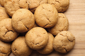 Ginger cookies on wood. Overhead view.