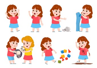 Girl bad behavior. Cartoon bully child cry, angry, fight, mocking and make mess. Sisters fighting over toy. Naughty kid character vector set. Angry behavior girl, kids fight illustration