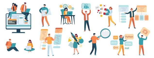 Programmers, developers and designers. IT specialists, freelancer, gamer, smm manager and web developer. People work on computer vector set. Programmer and designer developer illustration