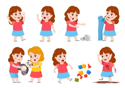 Girl Bad Behavior. Cartoon Bully Child Cry, Angry, Fight, Mocking And Make Mess. Sisters Fighting Over Toy. Naughty Kid Character Vector Set. Angry Behavior Girl, Kids Fight Illustration