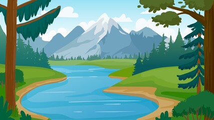 Mountain and lake landscape. Cartoon rocky mountains, forest and river scene. Wild nature summer panorama. Hiking adventure vector concept. Illustration forest lake, summer hill environment peak