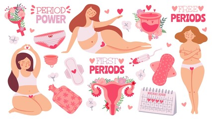 Female menstruation. Women with period and hygiene product tampon, sanitary pads and menstrual cup. Cartoon womb, vector set. Menstruation first period, menstrual accessory tampon illustration - obrazy, fototapety, plakaty