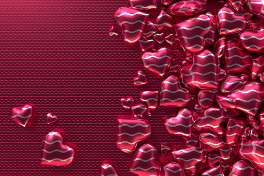 Love concept design made of 3D pink metal hearts on a background made of wave lines pattern. 3d render illustration.