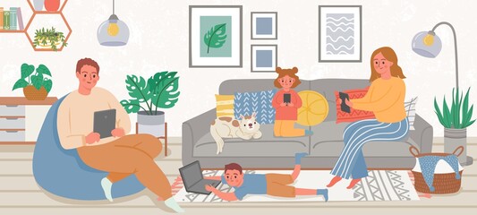 Family with gadgets. Parents and kids at home using smartphone, tablet and laptop for social media and game. Gadget addiction vector concept. Illustration family home together with phone