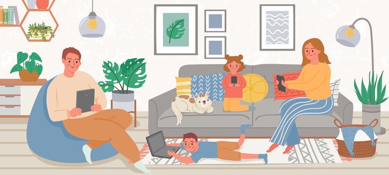 Family with gadgets. Parents and kids at home using smartphone, tablet and laptop for social media and game. Gadget addiction vector concept. Illustration family home together with phone