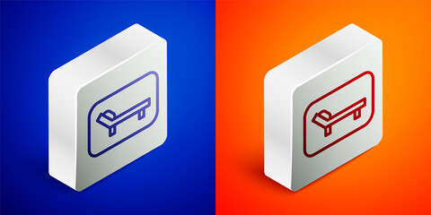 Isometric line Sunbed icon isolated on blue and orange background. Sun lounger. Silver square button. Vector.