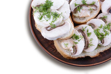 Sandwiches with raw mushrooms champignon and dill on a plate, white isolated background