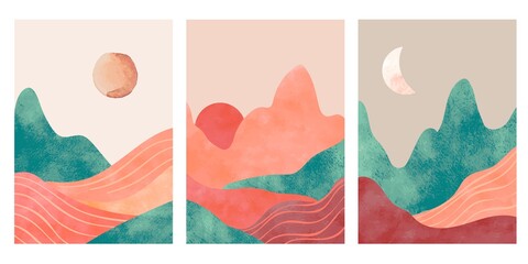 Abstract mountains. Aesthetic minimalist landscape with desert, mountain an sun or moon. Watercolor and paper textured print, vector posters. Illustration mountain landscape, travel art minimal scene