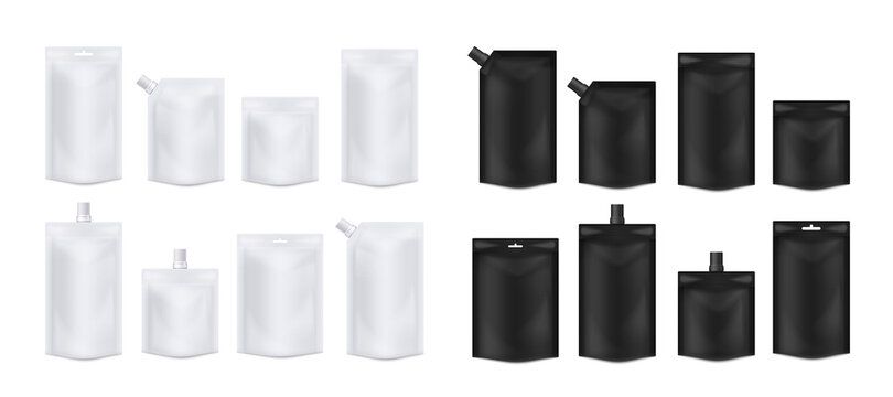 Set of white and black blank doy packs, realistic vector illustration isolated.