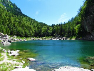 Scenic lake Komarca or the black lake in Triglav lakes valley in Julian alps, Gorenjska, Slovenia
