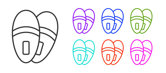 Black line Slippers icon isolated on white background. Flip flops sign. Set icons colorful. Vector.