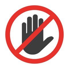 Stop sign. No entry. Black arm in a red crossed circle. Stop hand symbol for prohibited activities.