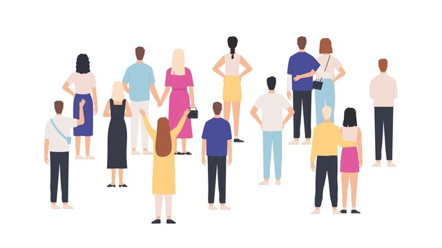Crowd standing back view. Group of people from behind. Men and women meeting and looking. Gathering public, team or audience vector concept. Crowd woman and man, back illustration